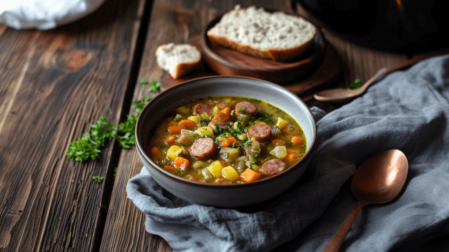 Image de l'article: Soupe paysanne à la saucisse fumée : recette rustique et économique