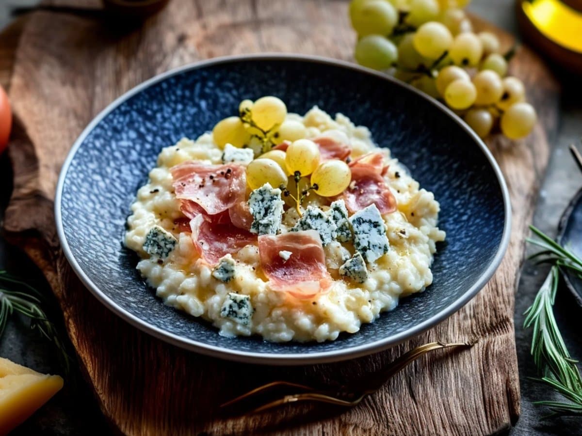 Image de la recette pour préparer Risotto au fromage bleu, jambon cru et raisin blanc