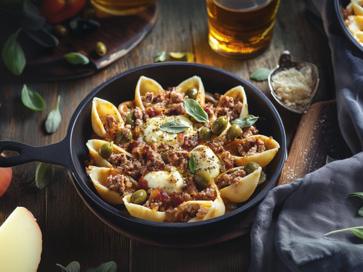 Image de la recette pour préparer Conchiglionis farçis au veau, scarmorza & olives vertes
