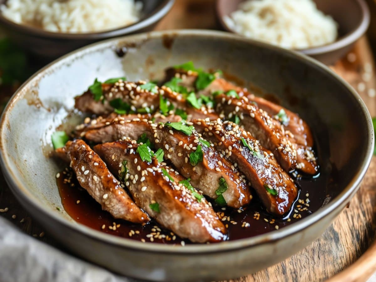 Image de la recette pour préparer Aiguillettes de canard au miel, vinaigre balsamique et sésame